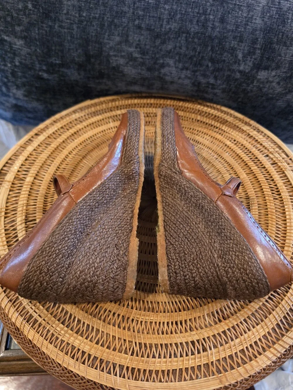Vintage 1970's Sophisticates Raffia/Leather Mary Jane Wedge Coquette Girl